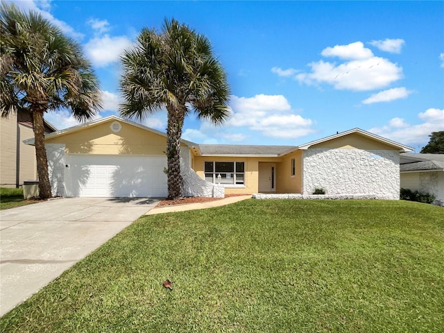 ranch-style house with a front yard and a garage