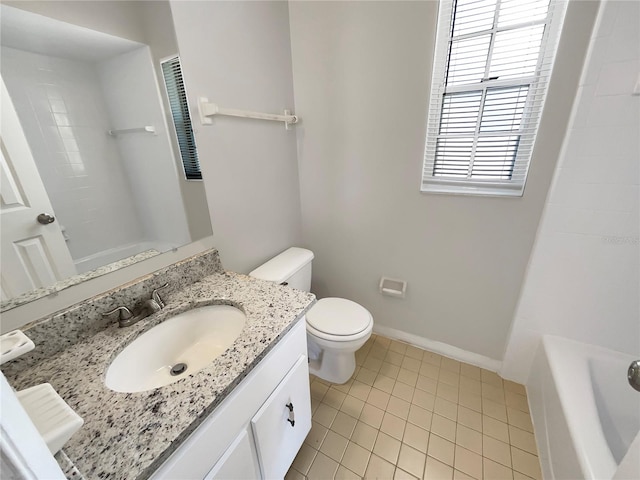 full bathroom with independent shower and bath, vanity, toilet, and tile patterned floors