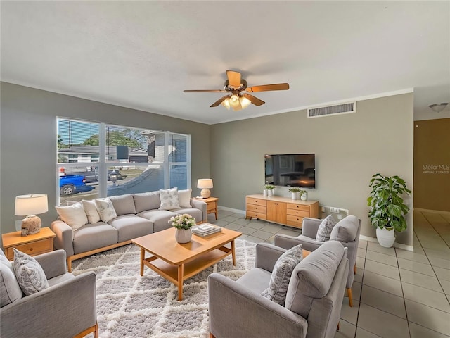 759 Little Wekiva Cir, Altamonte Springs, FL 32714 - living area featuring light tile patterned flooring, visible vents, a ceiling fan, and baseboards