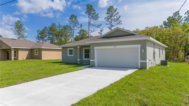 single story home featuring a garage, cooling unit, and a front yard