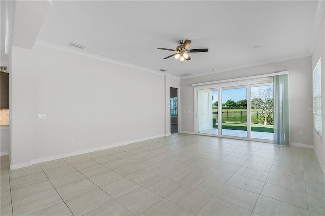 unfurnished room with light tile flooring, ceiling fan, and crown molding