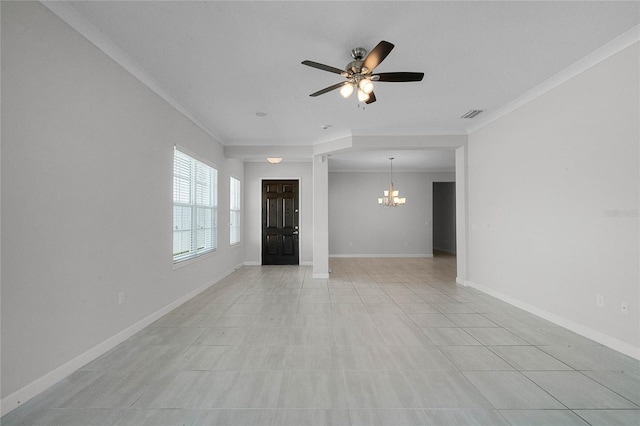 unfurnished living room with light tile flooring, ornamental molding, and ceiling fan with notable chandelier