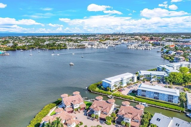 drone / aerial view with a water view