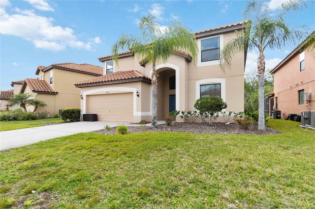 mediterranean / spanish-style house with central AC unit and a front lawn