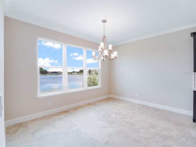 tiled spare room featuring crown molding, a water view, and a notable chandelier