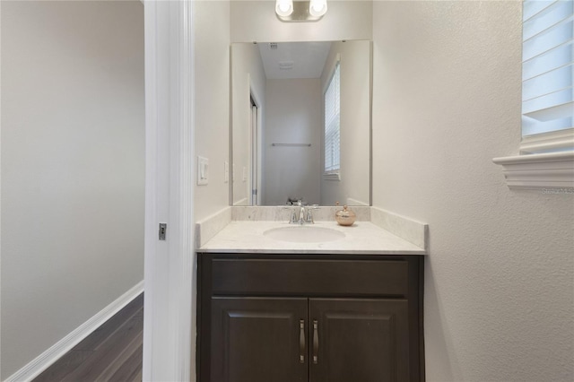 bathroom with hardwood / wood-style flooring and vanity