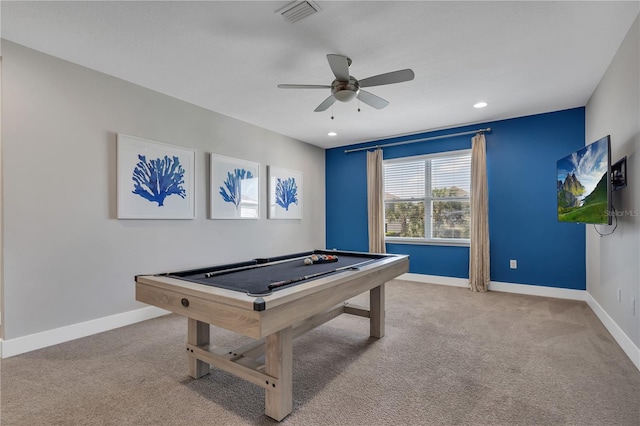 game room featuring ceiling fan, light colored carpet, and billiards