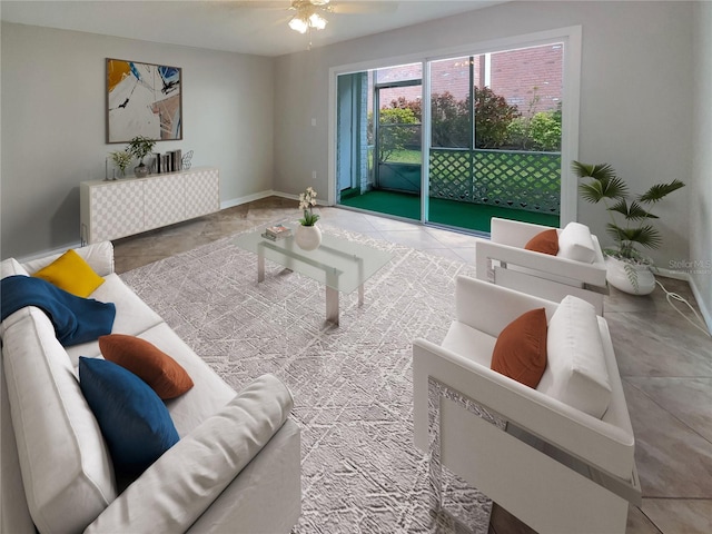 living room with ceiling fan and light tile floors