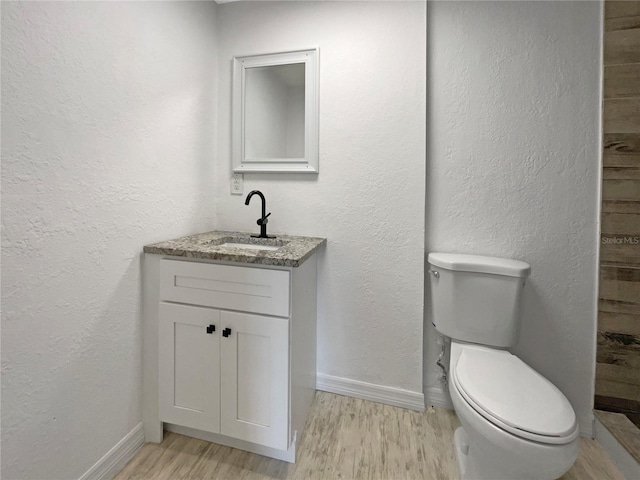 bathroom with toilet, vanity, and wood-type flooring