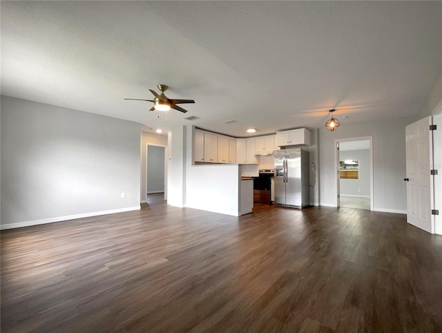 4011 Mesa Ave, Sarasota, FL 34233 - unfurnished living room with ceiling fan, baseboards, dark wood-style floors, and recessed lighting