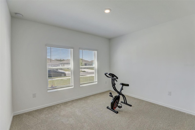 workout room featuring light colored carpet