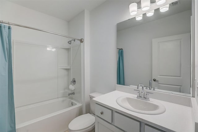 full bathroom featuring toilet, vanity, and shower / tub combo with curtain