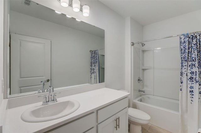 full bathroom with shower / bath combo, toilet, vanity, and tile flooring