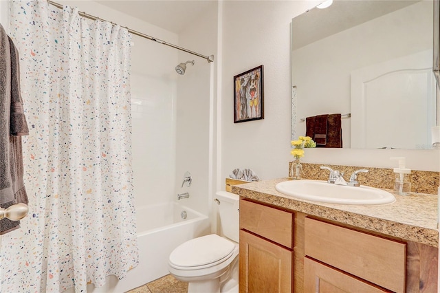 full bathroom featuring tile flooring, shower / bath combo with shower curtain, large vanity, and toilet