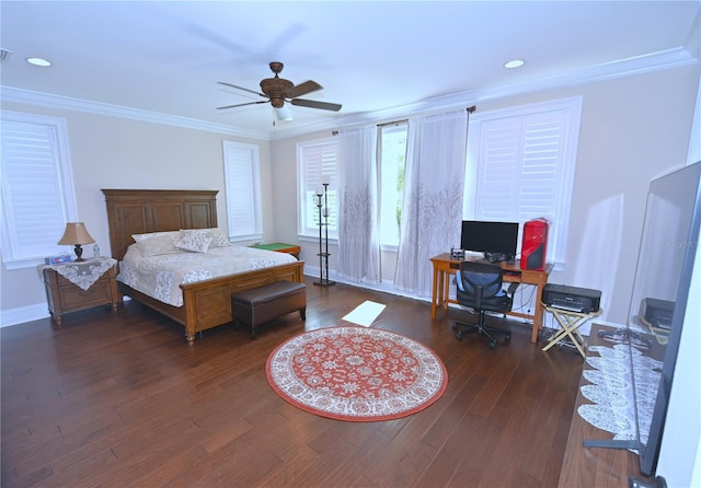 bedroom featuring crown molding, ceiling fan, and dark hardwood / wood-style floors