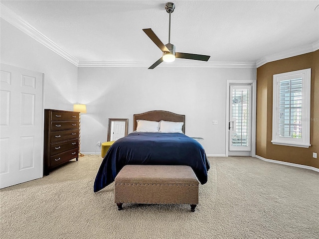 bedroom with light colored carpet, ceiling fan, and crown molding