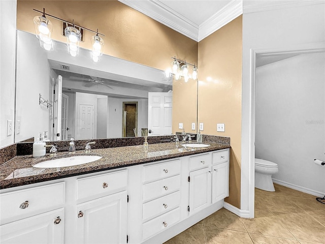 bathroom featuring ceiling fan, tile patterned floors, toilet, vanity, and ornamental molding