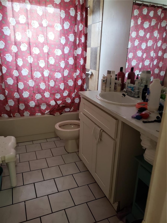 full bathroom with tile patterned floors, vanity, shower / bathtub combination with curtain, and toilet