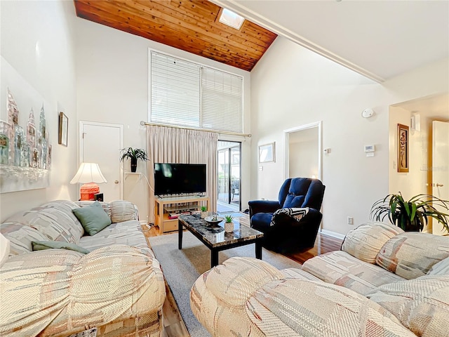 living room with wooden ceiling, high vaulted ceiling, and wood-type flooring