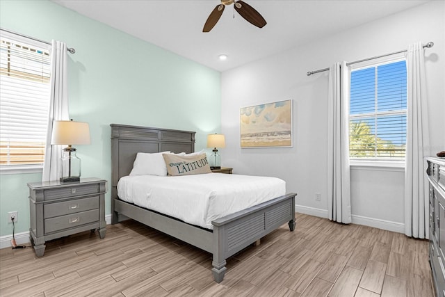 bedroom featuring ceiling fan and light wood-type flooring