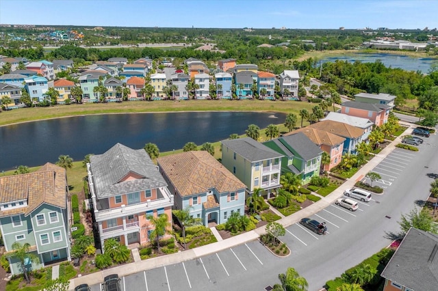 bird's eye view with a water view