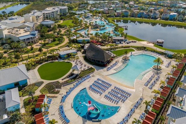 aerial view featuring a water view