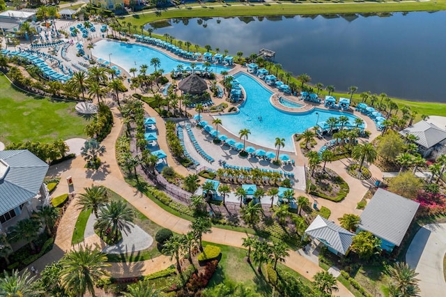 aerial view featuring a water view