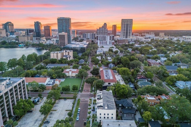 view of aerial view at dusk