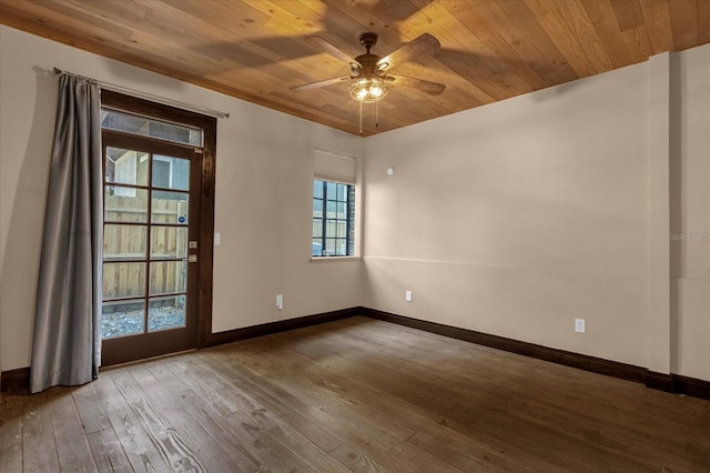 unfurnished room with wooden ceiling, ceiling fan, and hardwood / wood-style floors