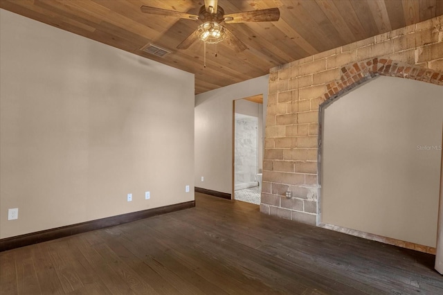 unfurnished room featuring dark wood-type flooring, ceiling fan, and wood ceiling