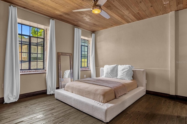 bedroom with wood ceiling, hardwood / wood-style floors, and multiple windows