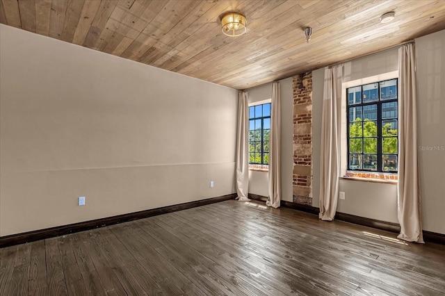 empty room featuring wood ceiling, dark hardwood / wood-style floors, and brick wall