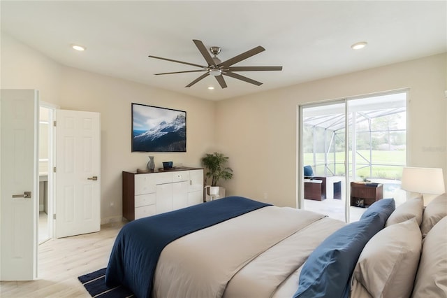 bedroom with access to exterior, recessed lighting, light wood-style flooring, and a ceiling fan