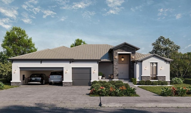 view of front of house with stucco siding, a standing seam roof, stone siding, an attached garage, and metal roof