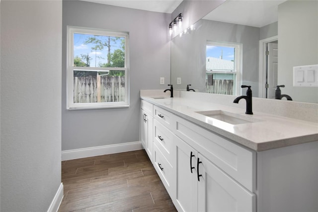 bathroom featuring vanity, wood-type flooring, and a wealth of natural light