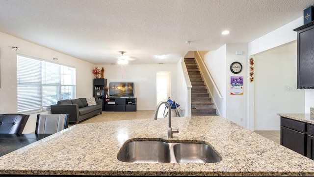 kitchen with light stone counters, sink, and a kitchen island with sink