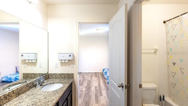 bathroom with vanity, toilet, and wood-type flooring