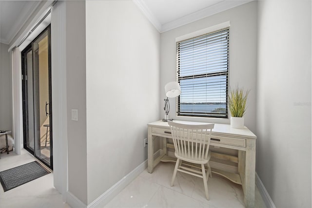 office with crown molding and light tile patterned floors