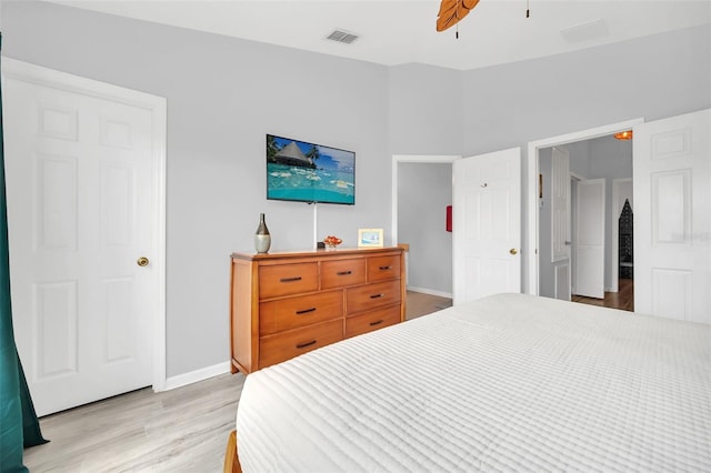 bedroom featuring ceiling fan and light wood-type flooring