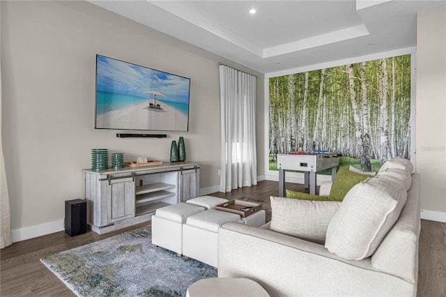 living room featuring a wealth of natural light, dark hardwood / wood-style flooring, and a raised ceiling