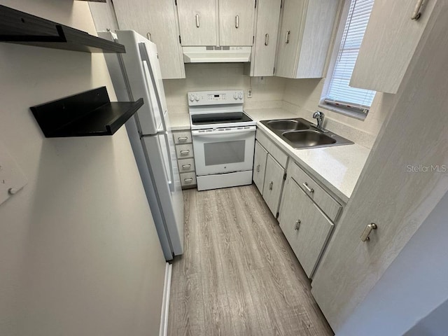 kitchen with white appliances, sink, and light wood-type flooring