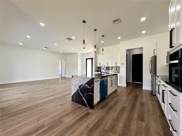 kitchen with a kitchen island with sink, white cabinets, dark hardwood / wood-style flooring, black oven, and dishwasher