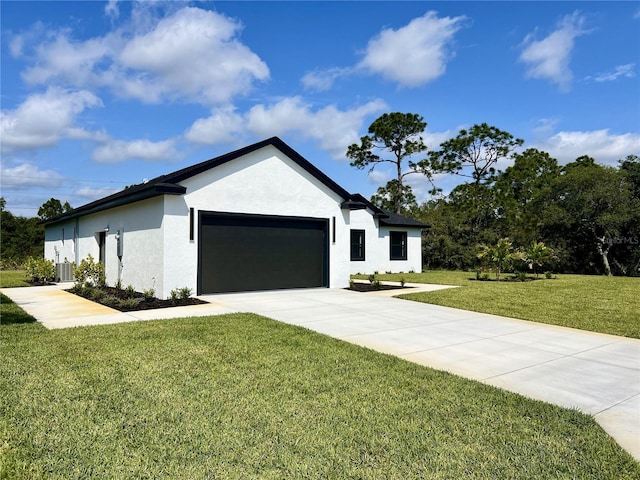 view of front facade featuring a garage, central air condition unit, and a front lawn