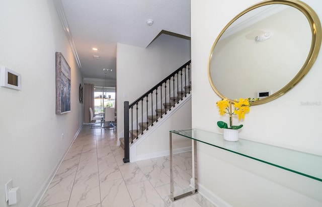 interior space featuring crown molding and light tile floors