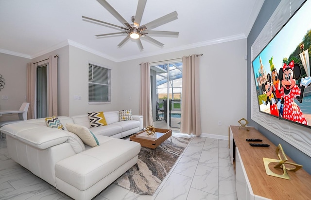 living room featuring ceiling fan, ornamental molding, and light tile floors