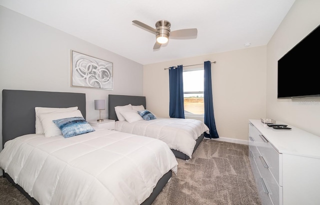 bedroom with ceiling fan and light colored carpet