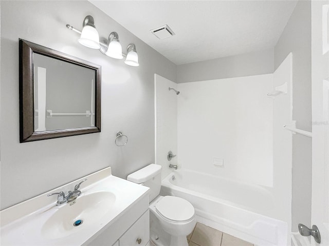 full bathroom featuring shower / bathing tub combination, tile floors, toilet, and oversized vanity