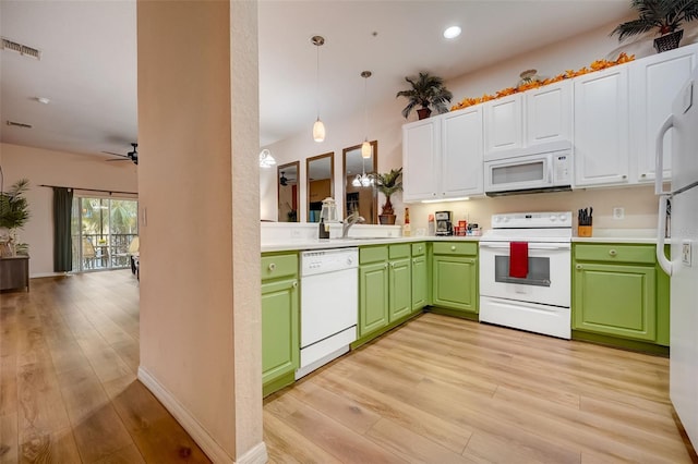 kitchen featuring ceiling fan, white cabinetry, light wood-type flooring, and white appliances