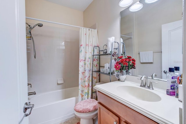 full bathroom featuring oversized vanity, shower / tub combo, and toilet