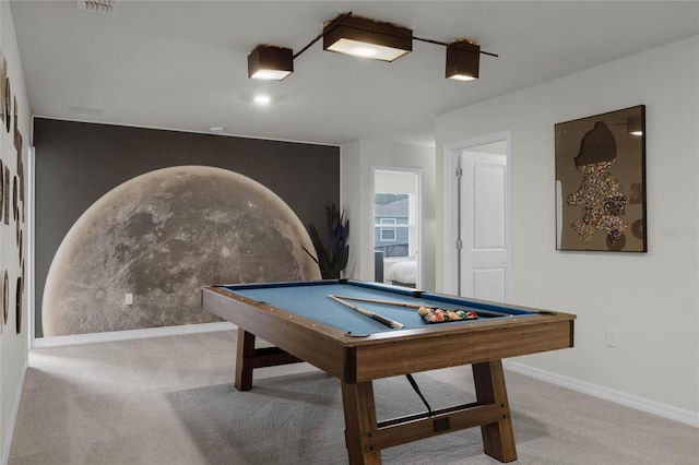 playroom with light colored carpet and pool table